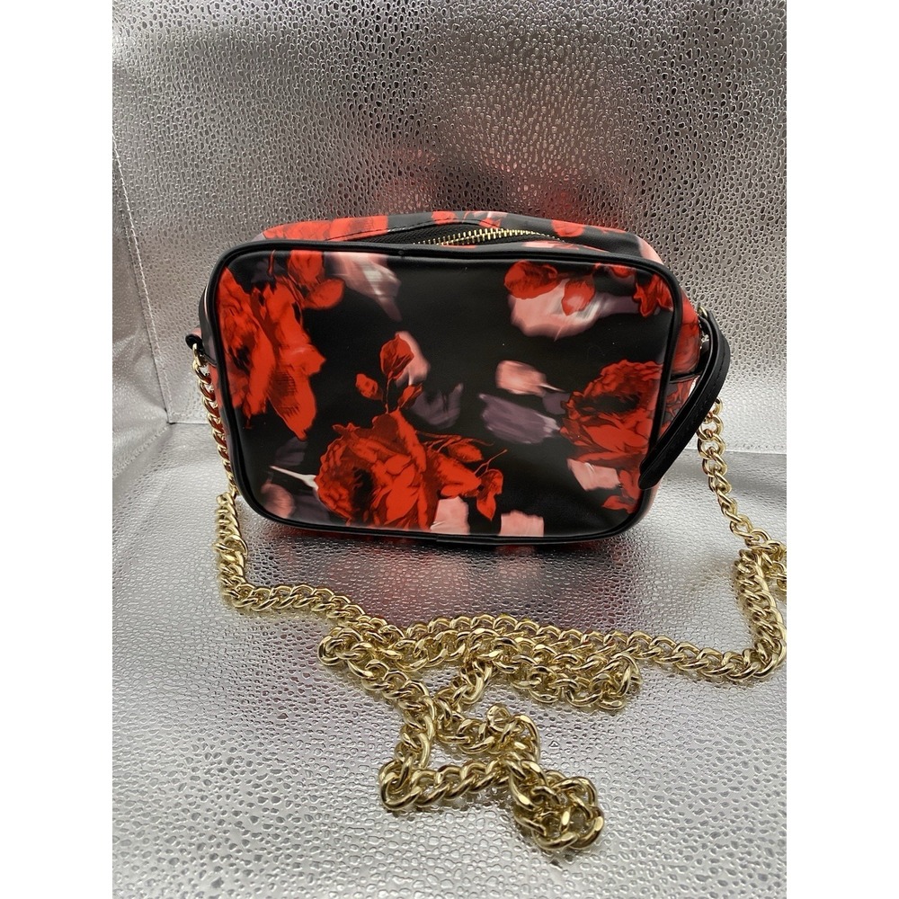 Victoria's Secret Black Red Floral Crossbody Bag Gold Chain Strap Zip Closure - Picture 2 of 4